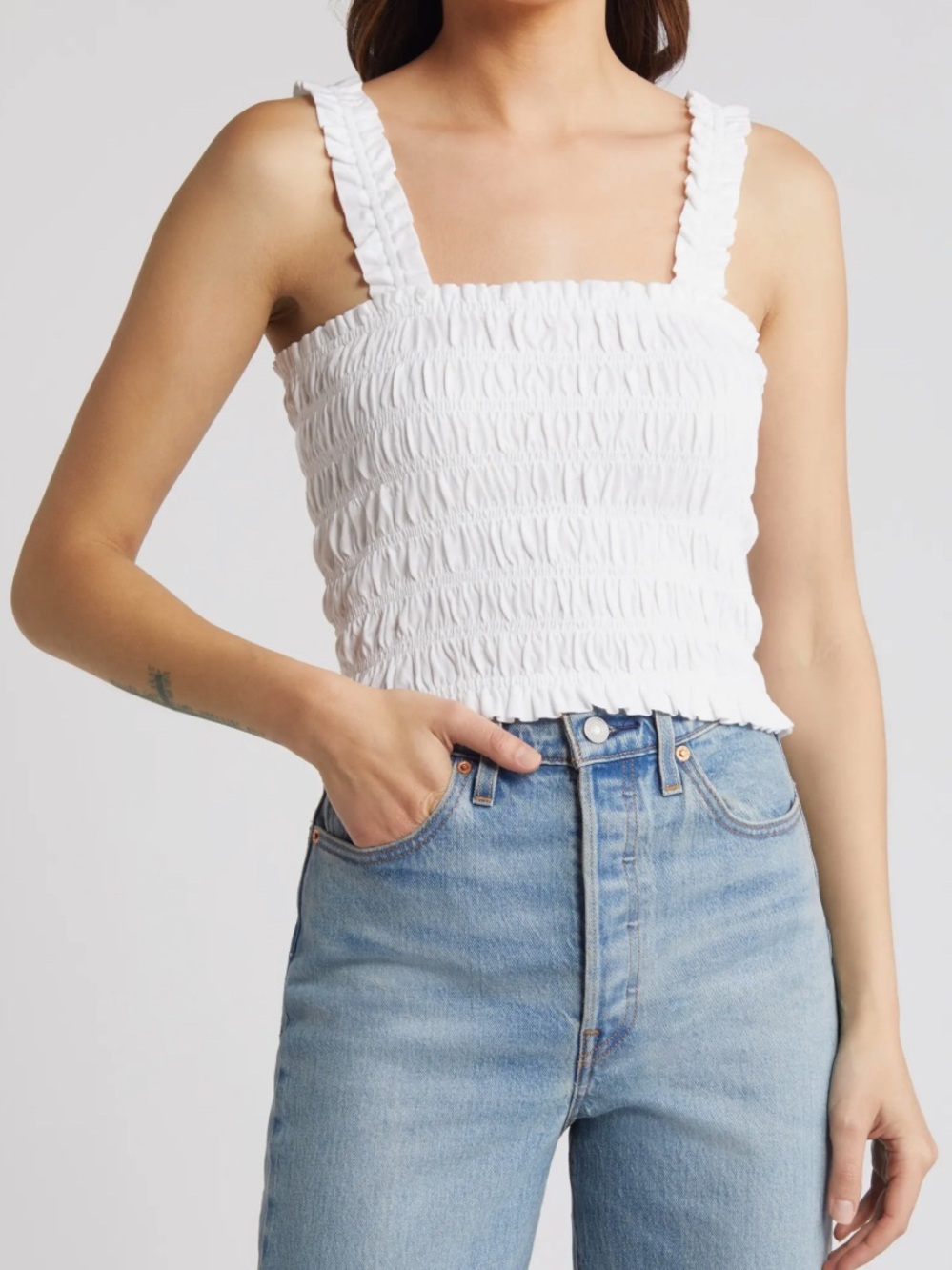 H&M White Smocked Square-Top Tank with Ruffle Straps